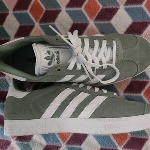 Adidas Sage and White Suede Sneakers